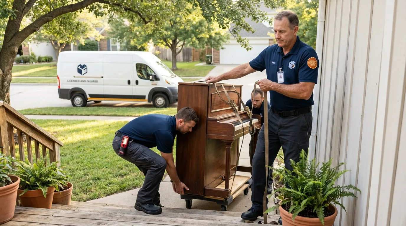 Licensed piano movers securing grand piano in Millen, GA