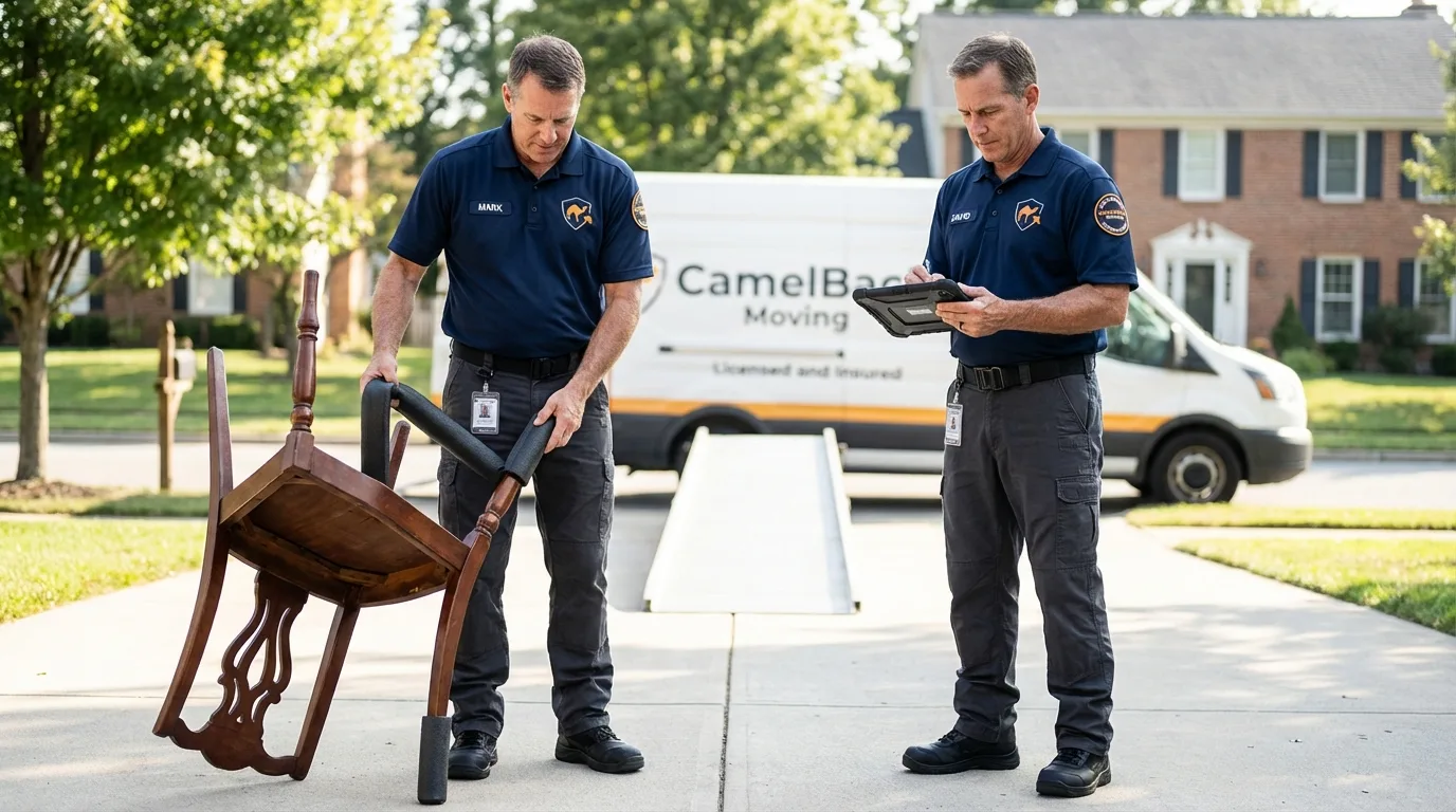 Movers inspecting furniture for damage prevention before loading in Millen, GA