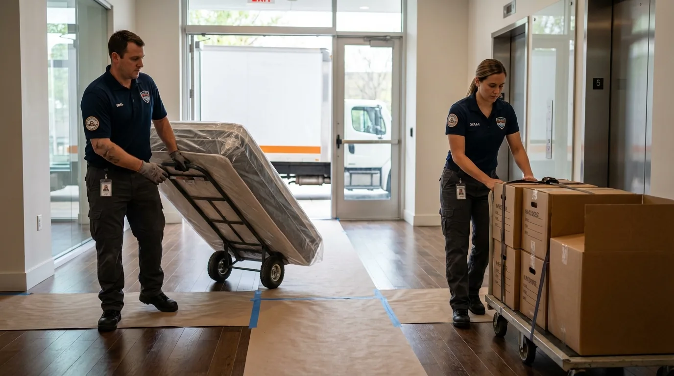 Professional apartment movers loading elevator in Millen, GA